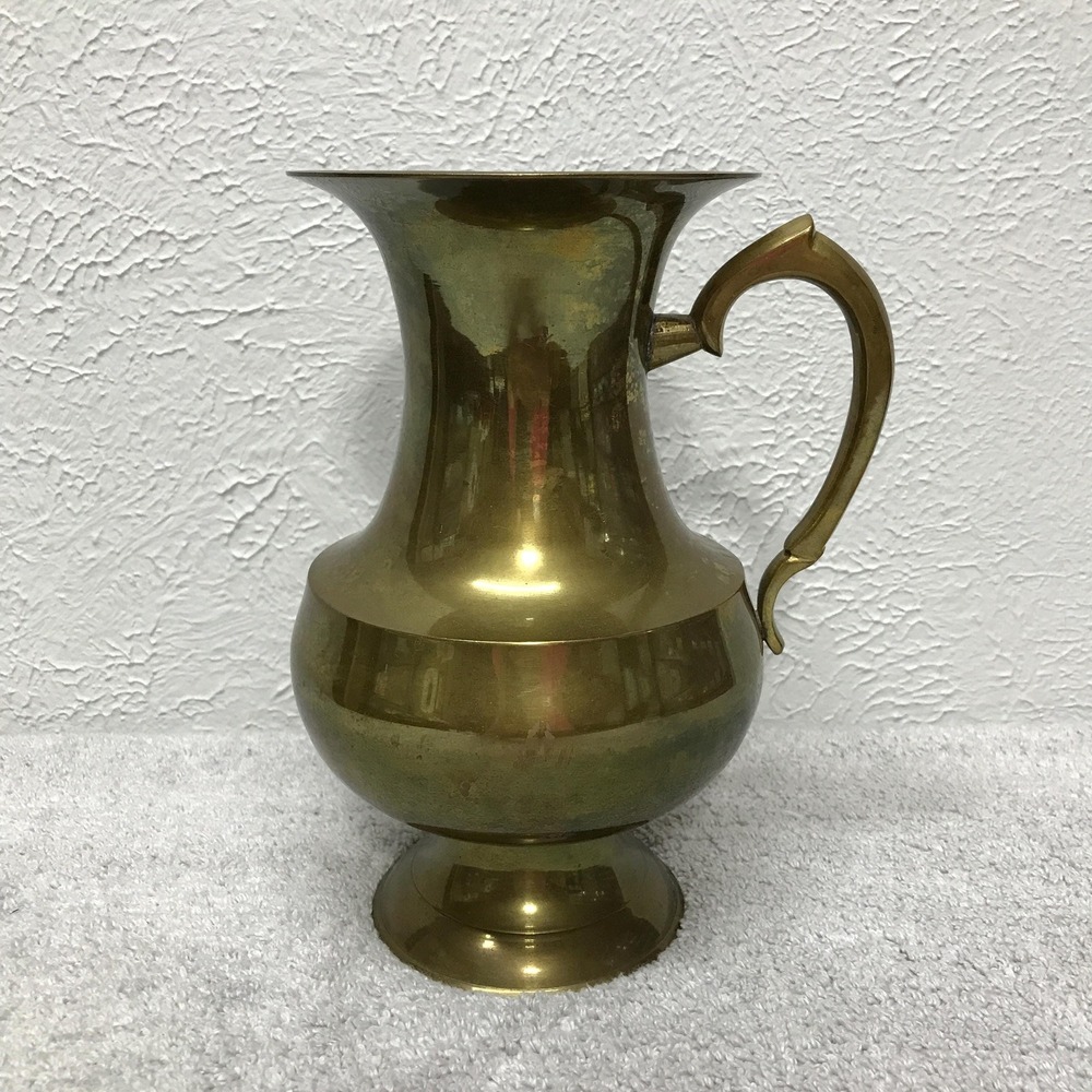 Vintage Large Brass Water Pitcher Vase with Handle 9" tall made in India